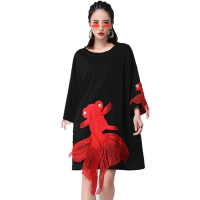 T Shirt Long Noir et Poisson Rouge Femme | MJ FRANKO